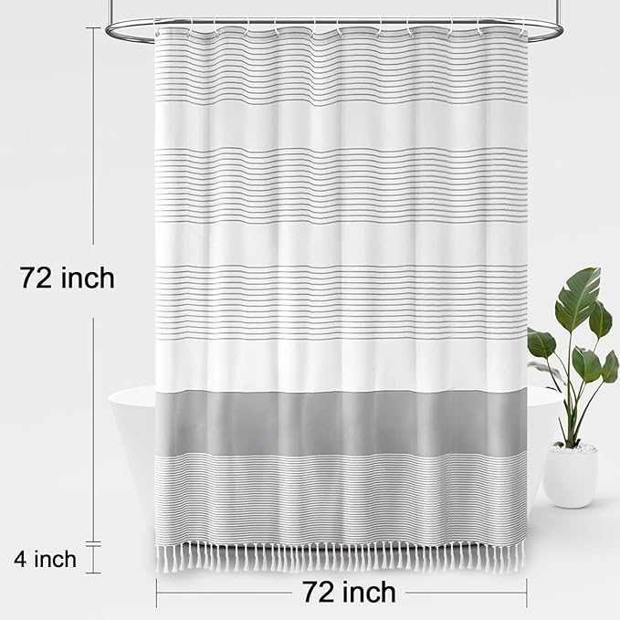 Awellife Boho Gray Shower Curtain for Bathroom Stripe Tassel Shower Curtain 72 X 72 Inches Farmhouse Cotton Grey
