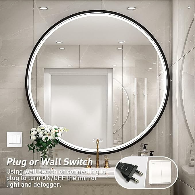 32" Round LED Bathroom Mirror, Dimmable Anti-Fog Vanity Mirror with Touch Control, 6000K Natural Light, Black Metal Frame, Wall Mounted for Makeup Shaving (IP54, 90+ CRI)