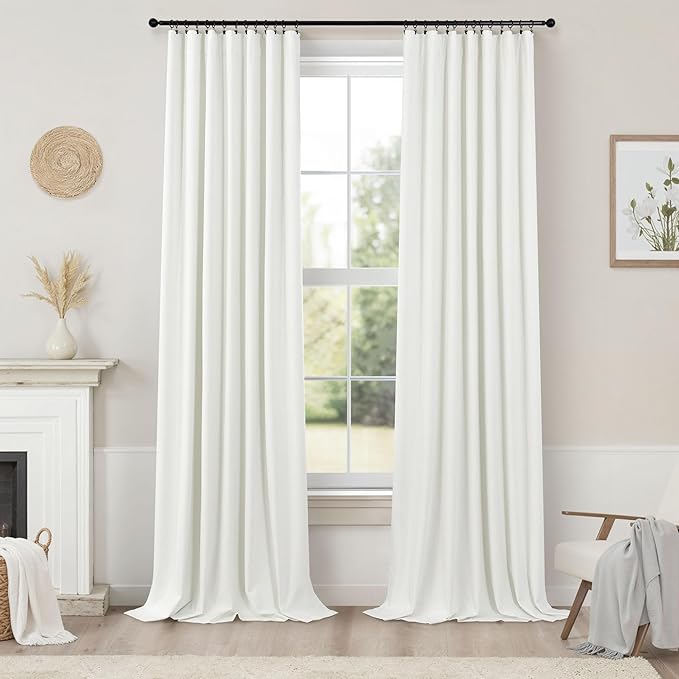 Ivory Blackout Curtains 90 Inches Long 2 Panel Light Blocking Patio Drape for Sliding Glass Doors Rustic Country Curtain for Nursery Bedroom Thick Linen Cotton Textured Off White Back Tab Pocket 52x90