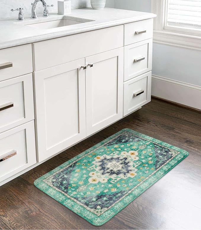 Uphome Boho Vintage Bathroom Rug Green Non-Slip Soft Bath Rug Machine Washable Oriental Bathroom Mat Traditional Farmhouse Floral Floor Mats for Bathtub Shower Entryway, 20x31 inch