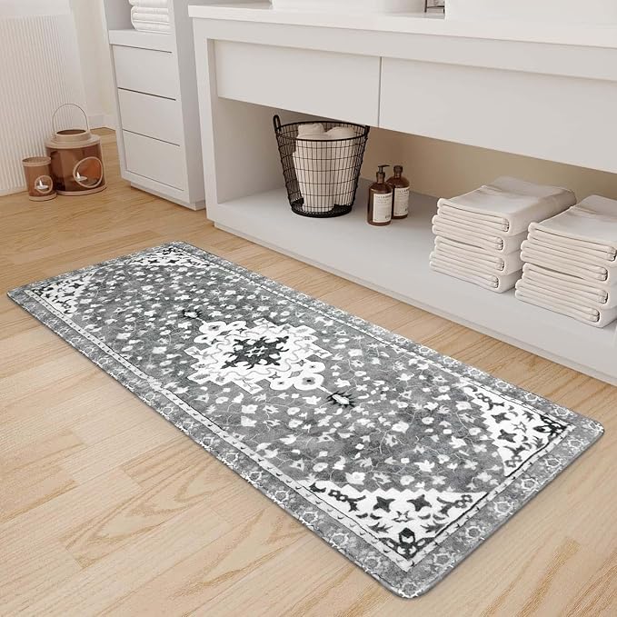 Uphome Vintage Bathroom Runner Rug Gray Non-Slip Soft Long Bathroom Rugs Machine Washable Oriental Bath Mat Traditional Farmhouse Floral Floor Mats for Sink Shower Bathtub, 18x47 inch