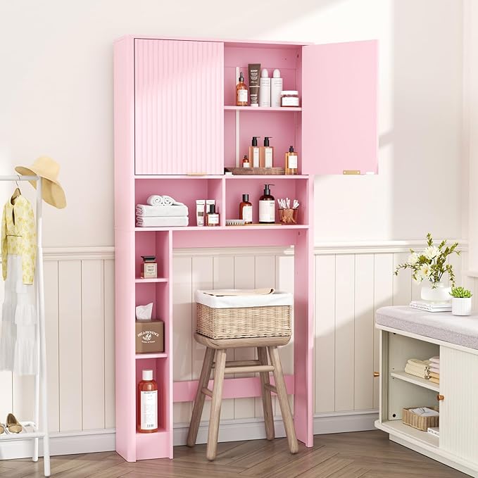31" W Over The Toilet Storage Cabinet with Fluted Door, Pink Bathroom Organizer with Adjustable Shelf, Toilet Paper Holder Stand Wave Door for Restroom, Laundry Room