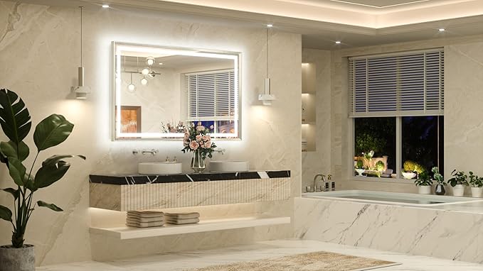 TETOTE 60 x 36 Large Bathroom Mirror Brushed Bright Nickel Metal Frame Frontlit & Backlit Vanity Mirror 3 Colors White/Warm/Natural Stepless Dimmable Anti-Fog Bathroom Mirrors for Vanity Wall-Mounted