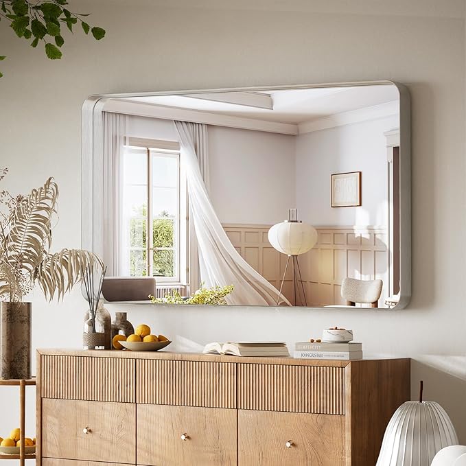 VooBang Bathroom Mirror 30x48 inch, Silver Gorgeous Deep Frame Wall Mirror, Modern Round Corner Bathroom Vanity Mirror for Bedroom, Living Room, Hanging or Leaning Horizontal or Vertical, Silver
