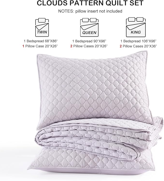 HORIMOTE HOME Quilt King Size Lavender(Light Purple), Lightweight Quilt for Summer, Ultra-Soft Microfiber Modern Style Quilted Clouds Pattern Bedspread Quit Set 3 Pieces(1 Quilt and 2 Pillow Shams)