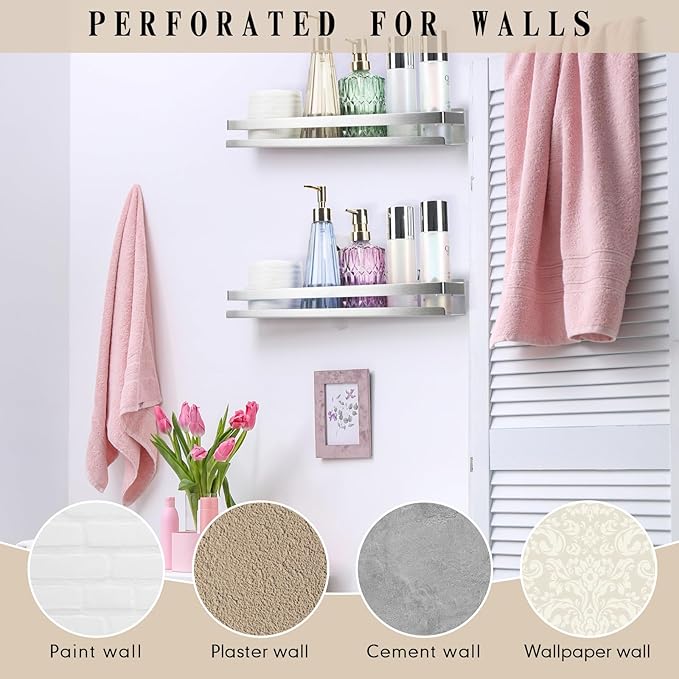 Lallisa 2 Pieces Stainless Steel Shelf Bathroom Shower Floating Shelves Wall Mounted Shower Caddy Basket Shelf Storage Organizer Shelves for Bathroom, Kitchen, Living Room (Silver,11.81 Inch/ 30 cm)