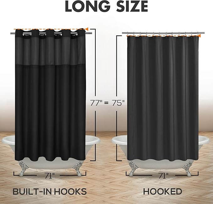 River Dream Long No Hook Slub Textured Shower Curtain with Snap-in PEVA Liner Set - 71" x 77"(75"), Hotel Style with See Through Top Window, Black Fabric Curtain & Waterproof Liner, Black, 71x77