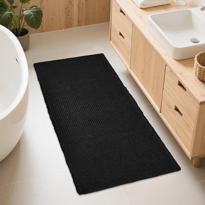 ZALL Waffle Bath Mat Black Super Absorbent Non Slip Bathroom Rug,Rhombus Geometric 24x48inch,Machine Washable Ultra Soft Floor Mats