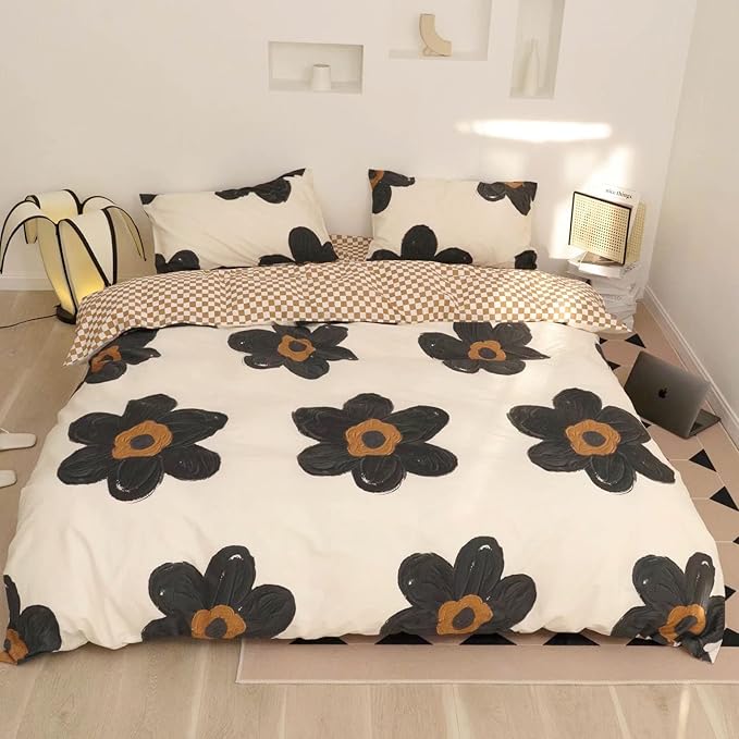 KAREVER Black Floral Comforter Set Black Botanical Bedding Cal King Women Modern Elegant Chic Blankets Lightweight Black Sunflower Reversible