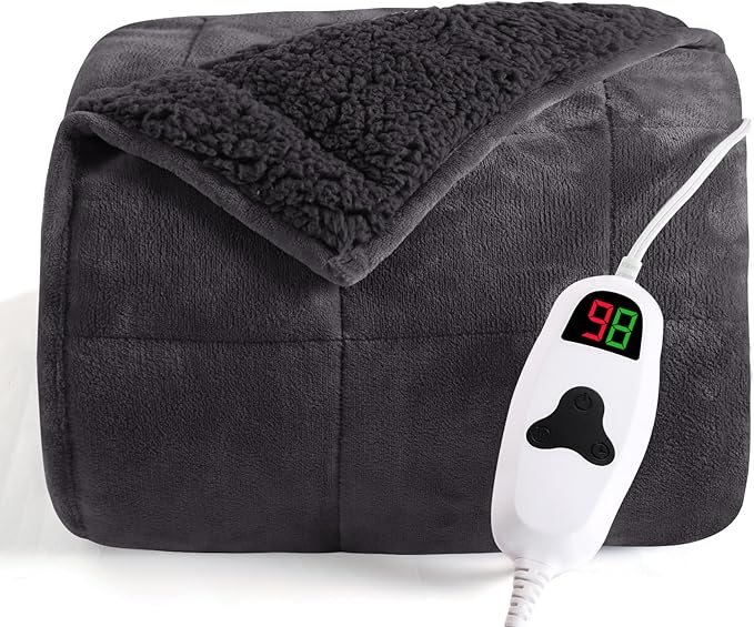 CYMULA Heated Weighted Blanket for Adults, Weighted Heated Blanket 48" x 72", 15lbs Sherpa Fleece Weighted Electric Blanket Soft Heating Blanket with 10 Heating Levels & 1-8 Hours Auto Off, Dark Grey