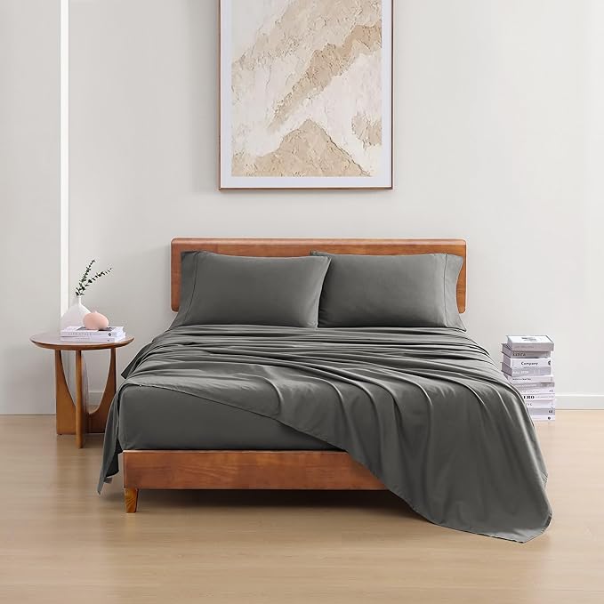 LANE LINEN 100% Organic Cotton Sheets King Size Machine Washable Fully Elasticized Soft & Comfy Mercerized Sustainably Produced All Season Eco Friendly Cotton Sheets sábanas King- Charcoal