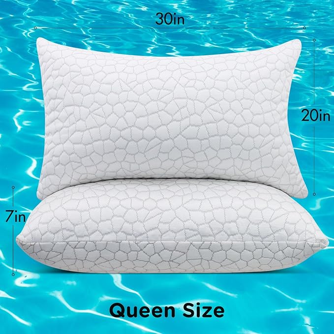 Cooling Bed Pillows Queen Size Set of 2, Shredded Memory Foam Pillows for Sleeping, Adjustable Firm Pillow for Side Back Stomach Sleepers, Gel Cool Pillow for Hot Sleepers Neck Support