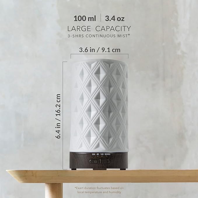 Earnest Living Essential Oil Diffuser for Home White Ceramic 100ml Aromatherapy Diffuser with 4 Timers 7 Night Lights and Auto Off Function (no Beep!) for Essential Oils