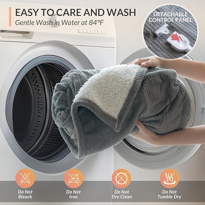 HOMLYNS LuxeHeat Heated Blanket Throw, Soft Flannel Sherpa, Electric Blanket 5 Heat Settings, Fast Heating, Heating Throw Blanket 3 Hours Timer Auto Shut Off, Machine Washable, 50×60 Inches, Grey