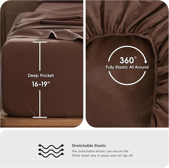 MooMee Bedding Sheet Set 100% Washed Cotton Linen Like Textured Breathable Durable Soft Comfy (Solid Cocoa Brown, King)