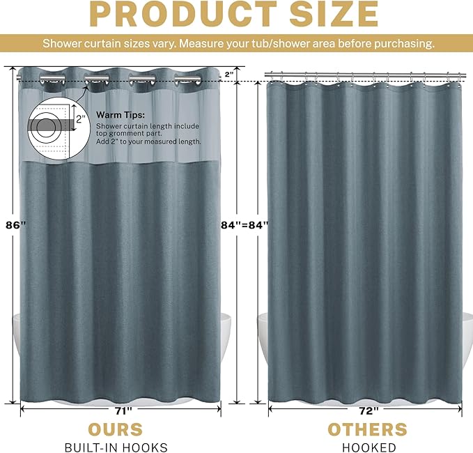 Extra Long No Hook Shower Curtain with Snap in Liner, Polyester Textured Shower Curtain with Liner Set, Waterproof Washable Hotel Style Shower Curtains for Bathroom, 71Wx86H, Blue Grey
