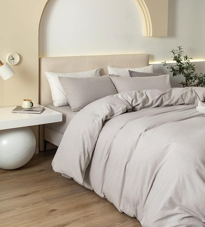 JIYUAN 100% Washed Cotton Duvet Cover Set 3 Pieces Cal King, 1 Duvet Cover 104x98 Inches(Comforter Not Included) and 2 Pillowcases,Linen Feel Bedding Set Comfy and Breathable, Heathered Cream Grey