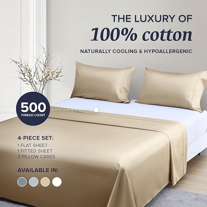 Beckham Hotel Collection Down Alternative Pillows & Cotton Sheets 4 Piece Set, 16" Deep Pocket, 2 Open End Pillowcases, King, Sand