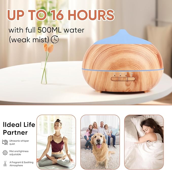 HAPPTWS 500ML Essential Oil Diffuser - BPA Free Ultrasonic Aromatherapy Diffuser, with 7-Color Lights - Waterless Auto Shut Off - Yellow