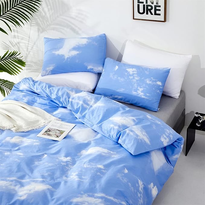 KAREVER Blue Cloud Comforter Set Cal King Size Sky Theme Bedding Women 3 Pieces Soft Light Blue California King Plus Size Bed Blanket Set All Season