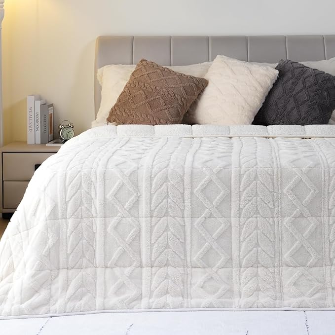 Cottonblue Jacquard Weighted Blanket 15lbs for Queen Ded - Ultra Soft, Cozy Comfort Sherpa Blanket for Relax and Sleep, Heavy Bed Blankets with Cemaric Beads, 60x80 in 17 lbs, Cream White