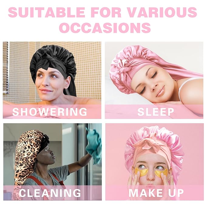 3Pcs Bonnets for Black Women Braid Bonnet, Large Long Satin Bonnet for Braids Sleeping, Black Women Satin Silk Bonnet (3Pcs-Black & Pink & Leopard)