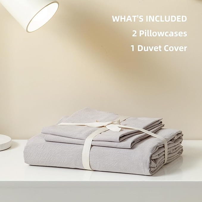 JIYUAN 100% Washed Cotton Duvet Cover Set 3 Pieces Cal King, 1 Duvet Cover 104x98 Inches(Comforter Not Included) and 2 Pillowcases,Linen Feel Bedding Set Comfy and Breathable, Heathered Linen