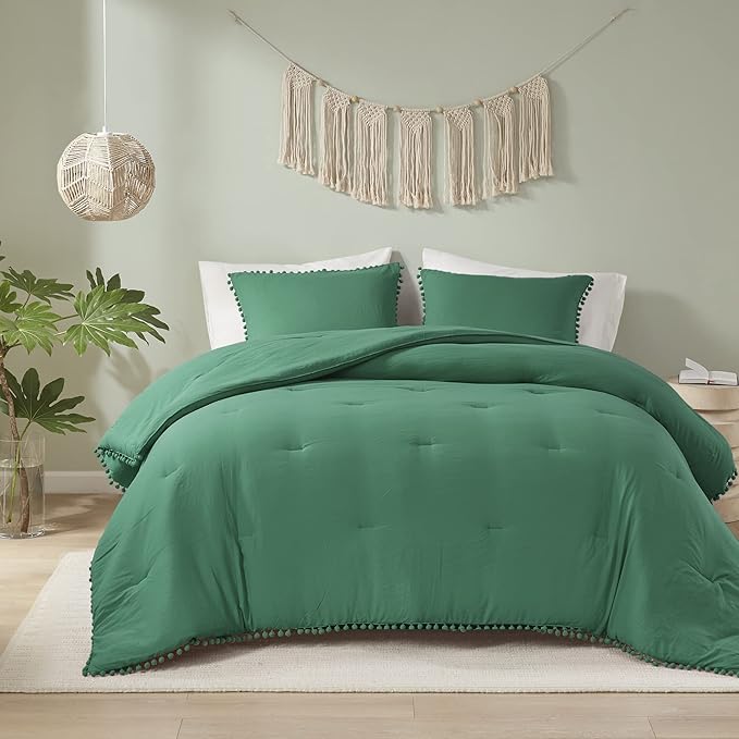 Codi Emerald Green King Comforter Set - Boho Chic Bedding with Elegant Pom Fringe, Soft Washed Microfiber 3pc Luxury Set, Lightweight & Breathable for Master Bedroom, 1 Comforter & 2 Pillow Shams