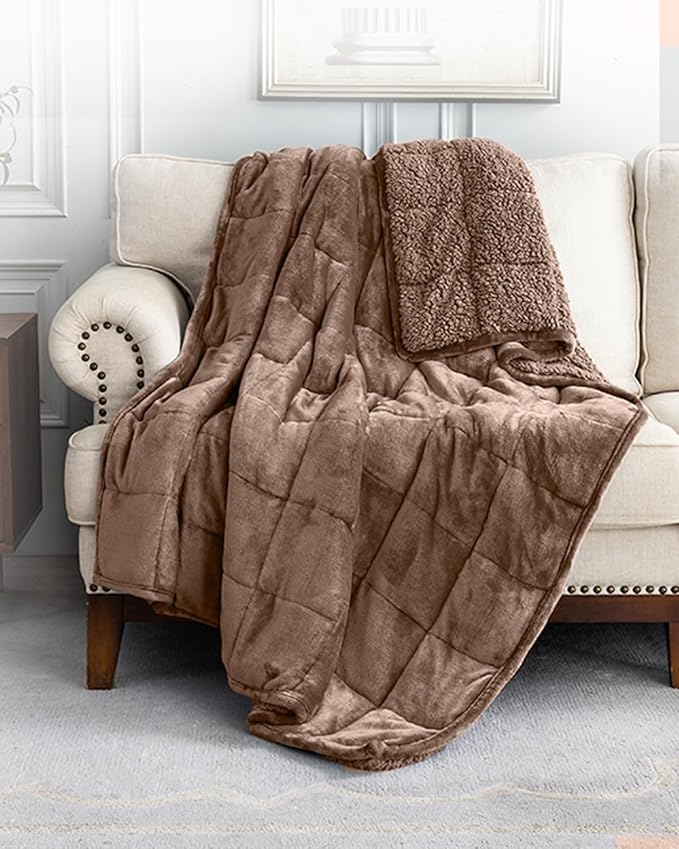 Cottonblue Sherpa Fleece Weighted Blanket 15 lbs for Adult, Flannel Cozy Bed Blankets, Fuzzy Sherpa Weighted Blankets Full Size 48 x 72 inches, Soft Blanket for Sofa Beds, Dark Brown