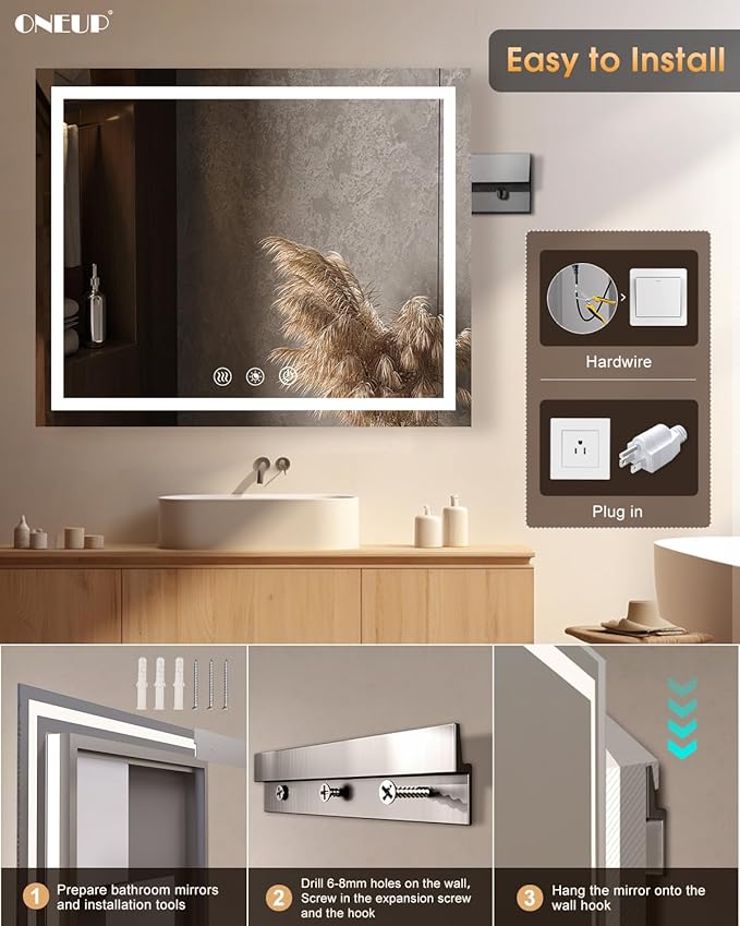 oneup 48''x40'' Bathroom Mirror with Lights,Front Lighted Bathroom Mirrors for Wall,Anti-Fog Smart Vanity Mirror,Touch Button and Memory Function,Dimmable 3-Color Lights