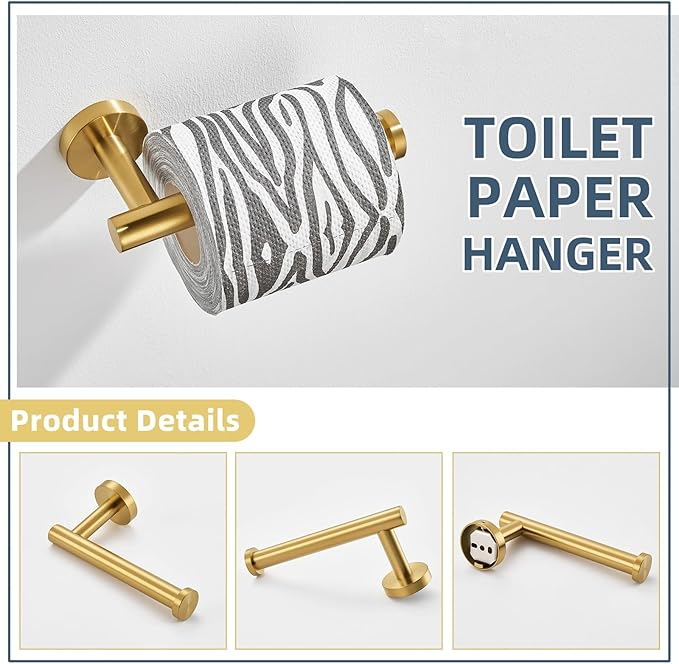 APLusee Brushed Gold 2 Pieces Bathroom Hardware Set, Hand Towel Ring and Toilet Paper Holder, 304 Stainless Steel Bath Accessories, Wall Mounted