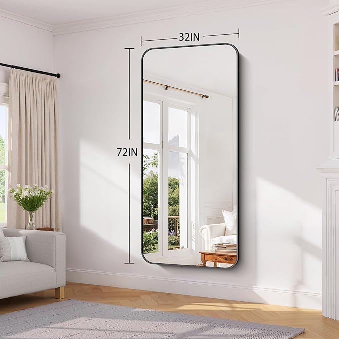 Koonmi Black Framed Bathroom Mirror - 32x72 Inch Shatterproof Tempered Glass Vanity Mirror for Bathroom Sink, Wall Mounted with Matte Aluminum Alloy Frame, No Distortion, Modern Decor