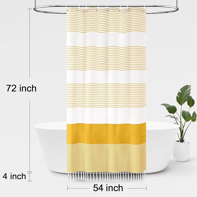 Awellife Boho Yellow Shower Curtain for Bathroom Farmhouse Cotton Stripe Tassel Shower Curtain Natural Texture 72" L x 54" W