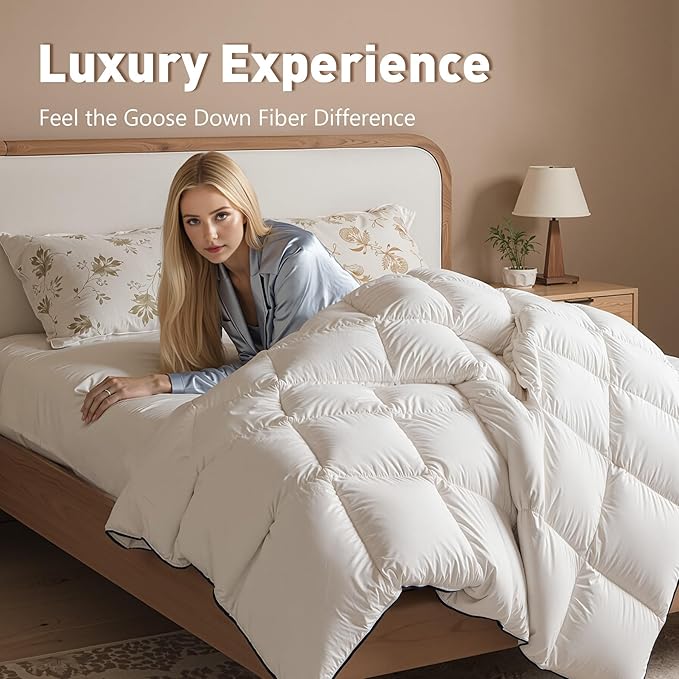 Fluffy Goose Feather Down Fiber Comforter Oversized King, Luxury Hotel Quilted Duvet Insert, All Season Comfortable Bedding Duvet with Cotton Blend Shell 120x98Inch