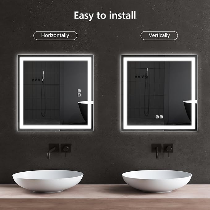 APRILSOUL 36x36 Inch LED Bathroom Mirror with Front and Backlit, Makeup Mirror with 3 Color Lights, Memory Function, Anti-Fog and Dimmable Light (Horizontal)