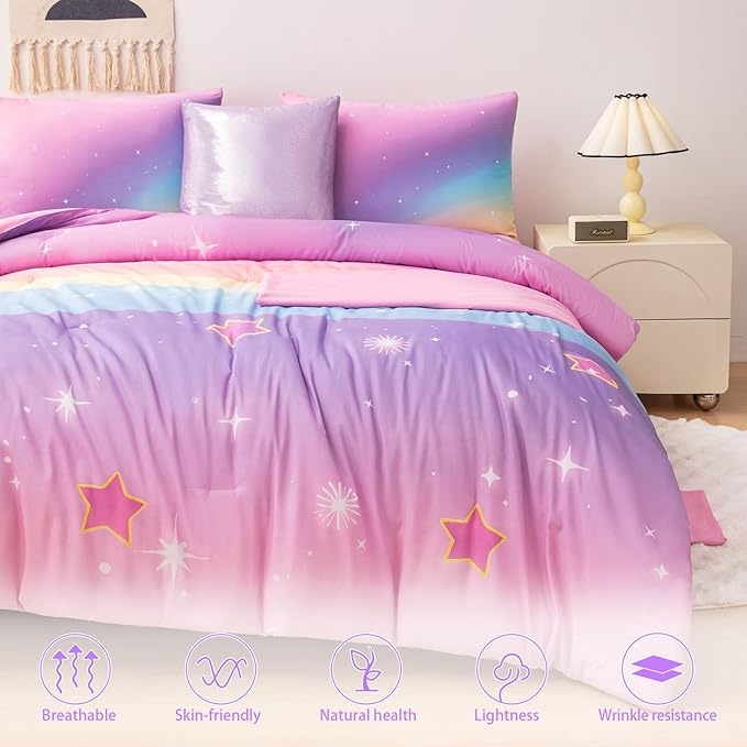 Rainbow Bedding Set Full Size โ 6-Piece Reversible Girls Comforter with Deep-Pocket Sheet, Gradient Galaxy Design, Whole-Piece Filling, Machine Washable Bed-in-a-Bag for Kids Room Makeover & Gifts