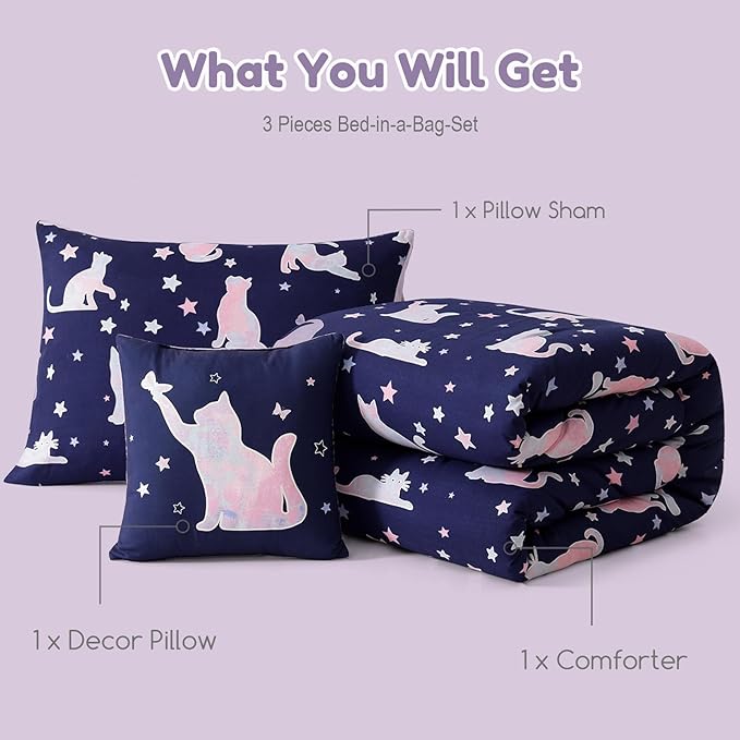 Twin Comforter Set for Girls-3 Pieces Cute Cat Twin Bedding Sets for Kids,1 Comforter,1 Sham and 1 Decor Pillow