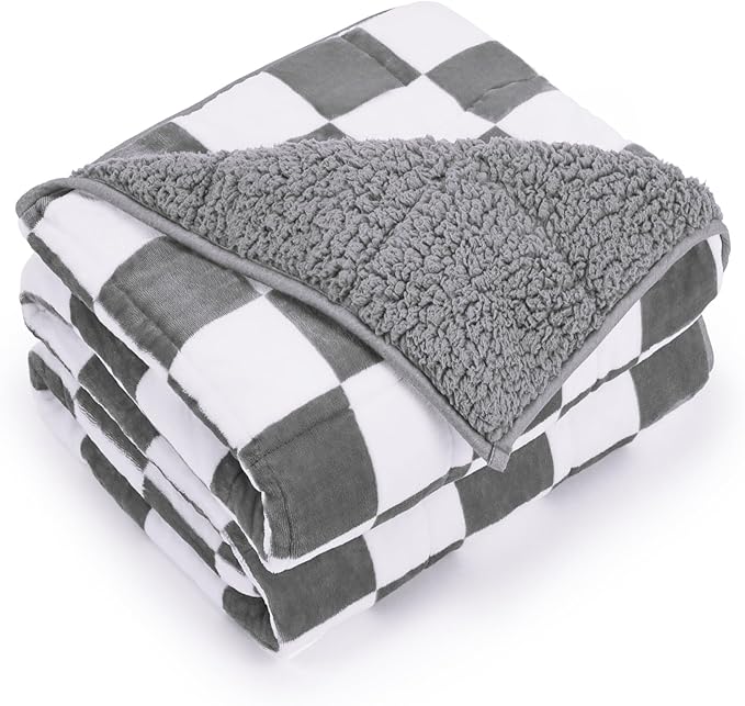 Sherpa Weighted Blanket for Adults Queen Size 15 lbs, Dual Sided Heavy Blankets with Checkerboard Pattern, Ultra Soft Cozy Throw Blanket for Calming and Sleep, Plaid Grey, 48" x 72"