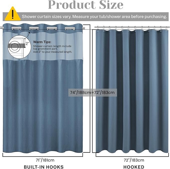 No Hook Shower Curtain with Snap in Liner Set Waffle Shower Curtain for Bathroom Hotel Style Fabric Waterproof Inner Liner,71" W x 74" H, Moonlight Blue