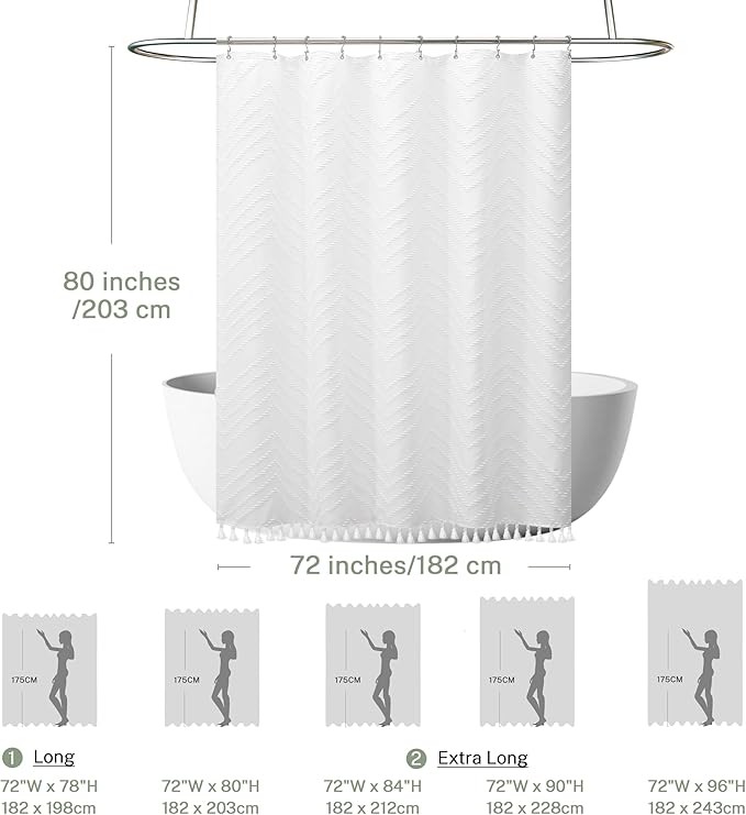 Extra Long White Boho Shower Curtain with Tassel, Woven Fabric 80 in Shower Curtain, Tufted Chevron Striped, 72 x 80, Modern Chic Textured Minimalist Bathroom Shower Curtains