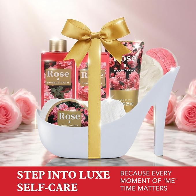 Romantic Rose Christmas Gifts for Women Spa Gift Basket, Bath Set with Bath Bombs & Body Lotion, Anniversary Valentine's Day Gifts for Her, Wife, Girlfriend