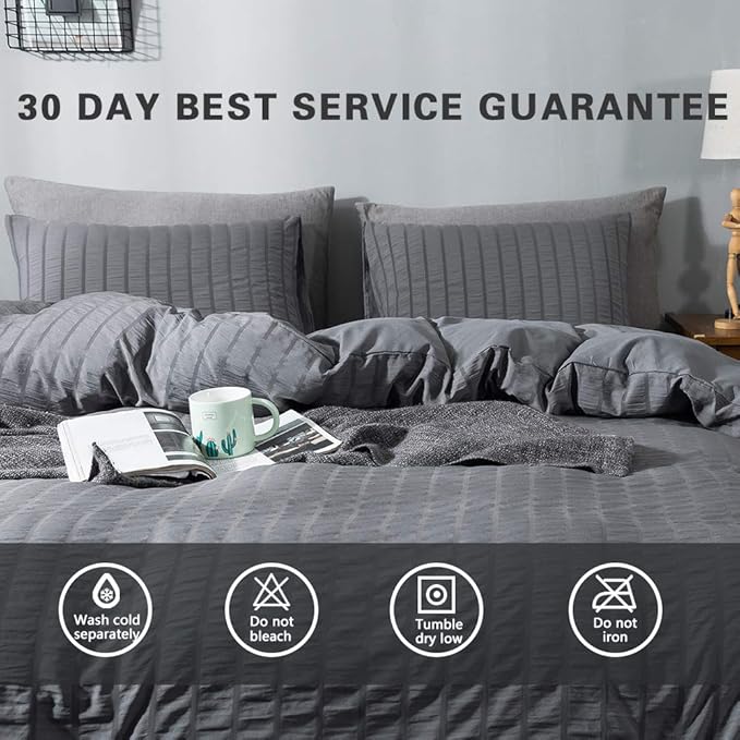 AveLom Seersucker Duvet Cover Set Full Size (80 x 90 inches), 3 Pieces (1 Duvet Cover + 2 Pillow Cases), Dark Gray Ultra Soft Washed Microfiber, Textured Duvet Cover with Zipper Closure, Corner Ties