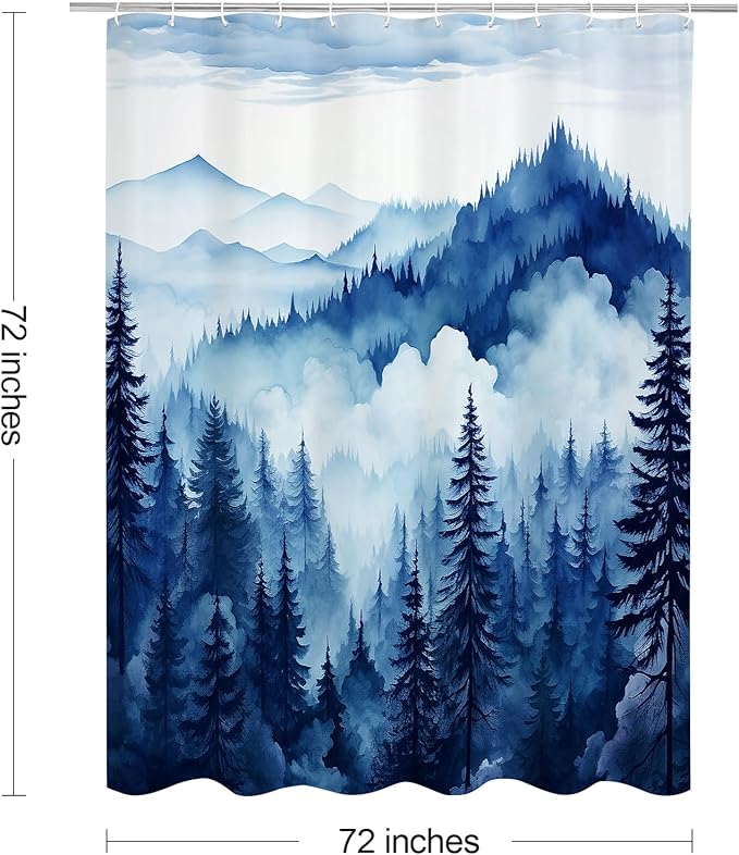 Navy Blue Misty Pine Forest Shower Curtain, Mountain Foggy Woodland Scenery Tree Shower Curtains for Chic Rustic Bathroom, Abstract Modern Waterproof Nature-Themed Decor, 72x72 Inches