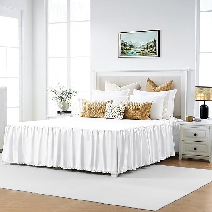 Full Size 14" Drop - White Lightweight Cotton Bed Skirt with Crochet Edge - Dust Ruffle with Split Corner - Soft, Elegant, Breathable Bedding Accessory