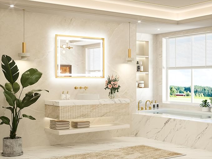 TETOTE 40 x 30 Bathroom Mirror Brushed Gold Metal Frame Frontlit & Backlit Vanity Mirror 3 Colors White/Warm/Natural Stepless Dimmable Anti-Fog Bathroom Mirrors for Vanity Wall-Mounted