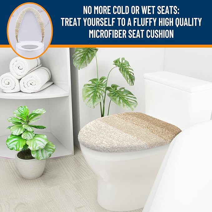 OLANLY Soft Microfiber Bathroom Toilet Lid Cover, Machine Washable Covers, 17.5x15, Stays in Place Rubber Backing, Fits Most Round, Elongated and Oblong Lids, Accessories Decor, Tan