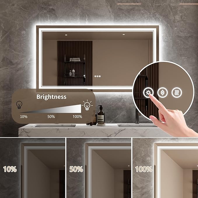 Bathroom Mirror with Lights 30"X55" with Front Light and Backlit, Tempered Glass, Wall Mount Horizontal/Vertical, Stepless Dimmable, 3 Colors, Anti Fog, Bathroom Memory LED Mirror