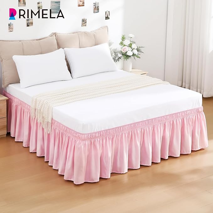 RIMELA Dusty Pink Bed Skirt Queen Size 18 Inch Drop, Wrap Around Elastic Bedskirt, Dust Ruffle for Adjustable Bed Base Machine Washable Easy to Install Bed Skirts