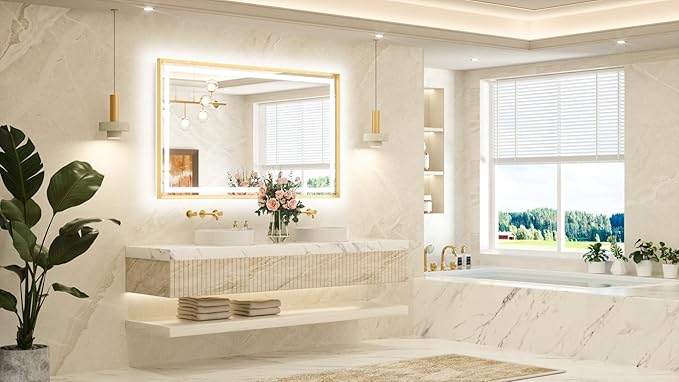 TETOTE 60 x 36 Bathroom Mirror Brushed Gold Metal Frame Frontlit & Backlit Vanity Mirror 3 Colors White/Warm/Natural Stepless Dimmable Anti-Fog Bathroom Mirrors for Vanity Wall-Mounted