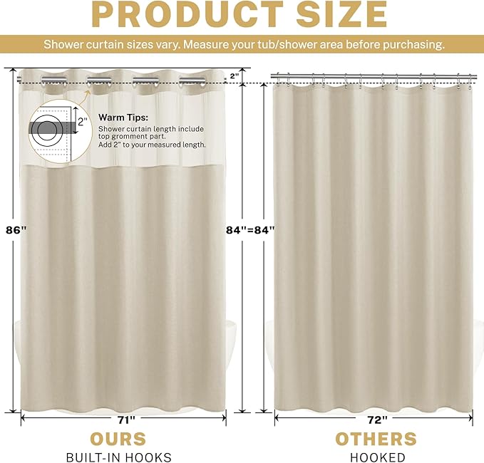 No Hooks Luxury Shower Curtain Set with Snap-in Liner, Polyester Textured with See-Through Top Window, Waterproof & Washable Hotel Style for Bathroom, 71W x 86H, Cream